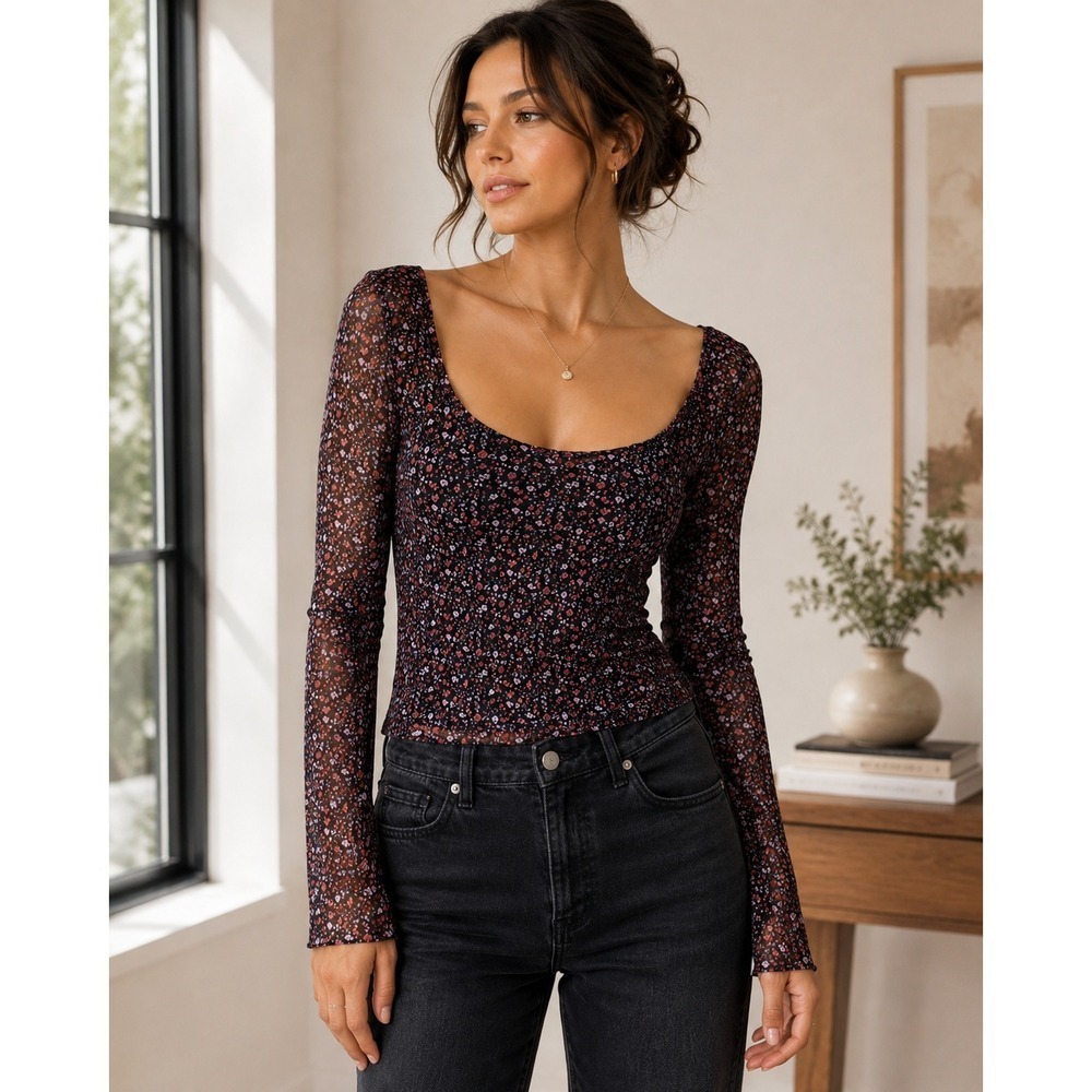 Maeve Black Floral Long Sleeve Scoop Neck Top